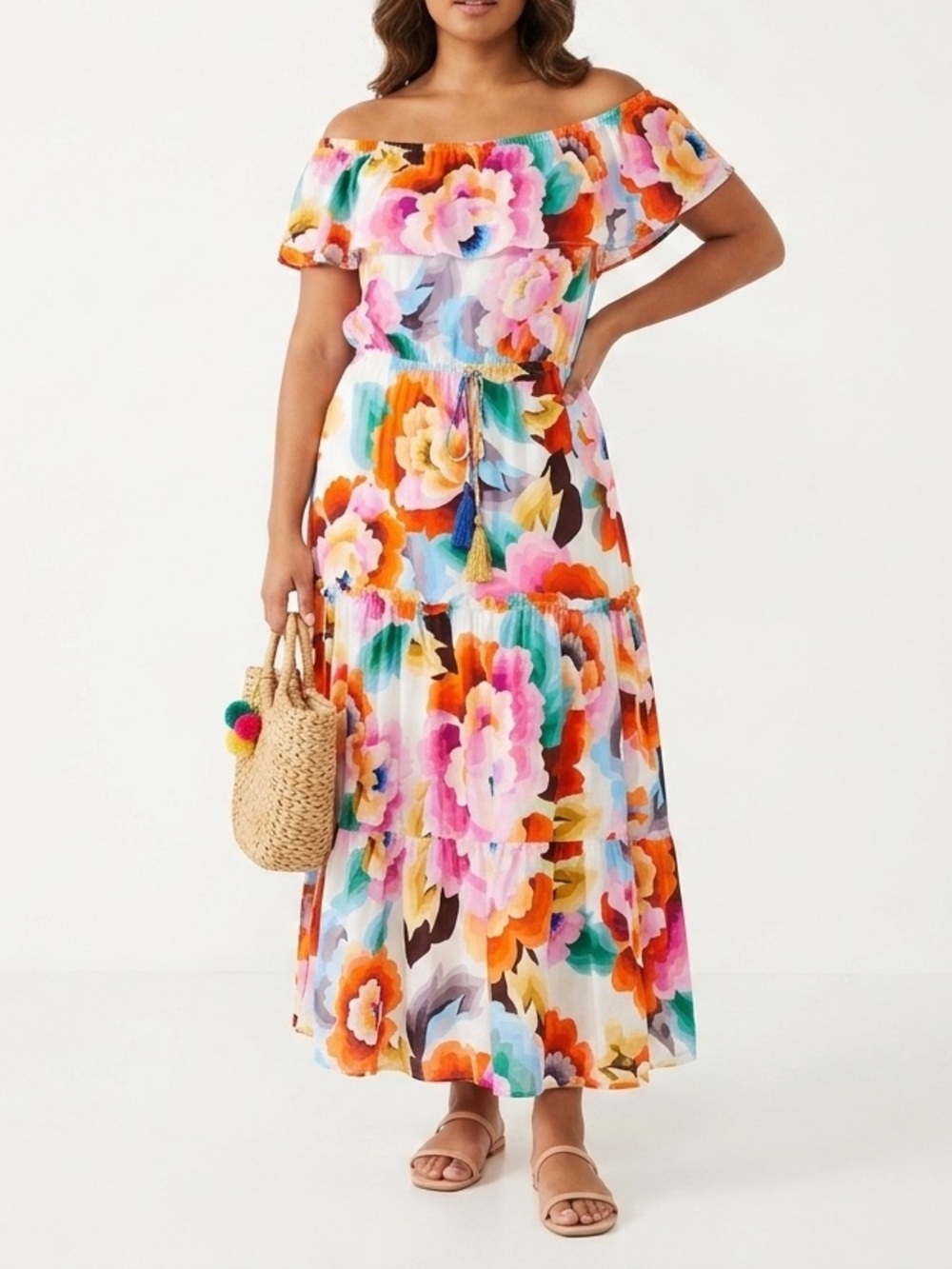 La Blanca Floral Rhythm Off the Shoulder Maxi Dress Size L Swim Cover Up